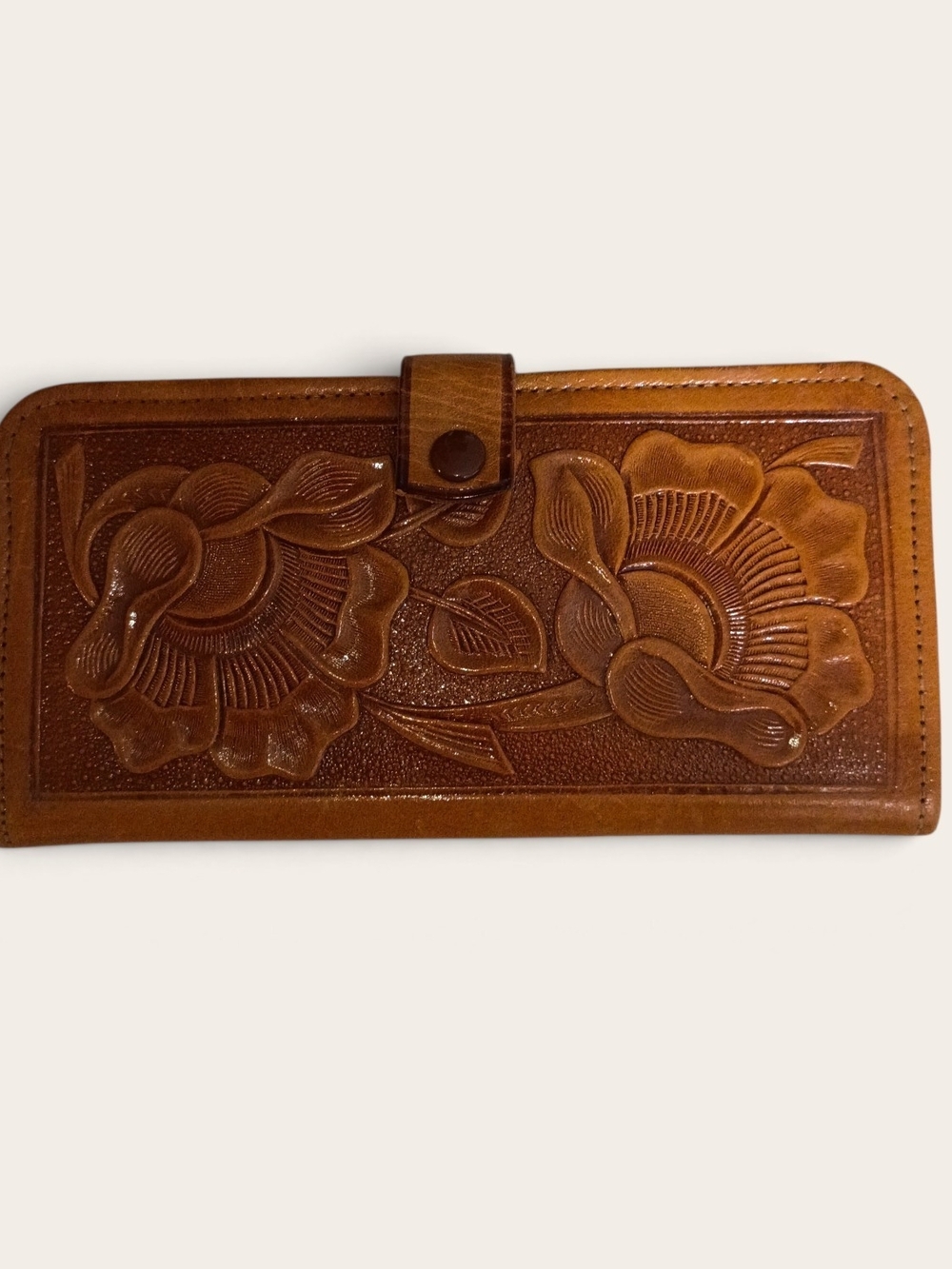 Vintage Hand Tooled Leather Wallet Embossed Floral Design